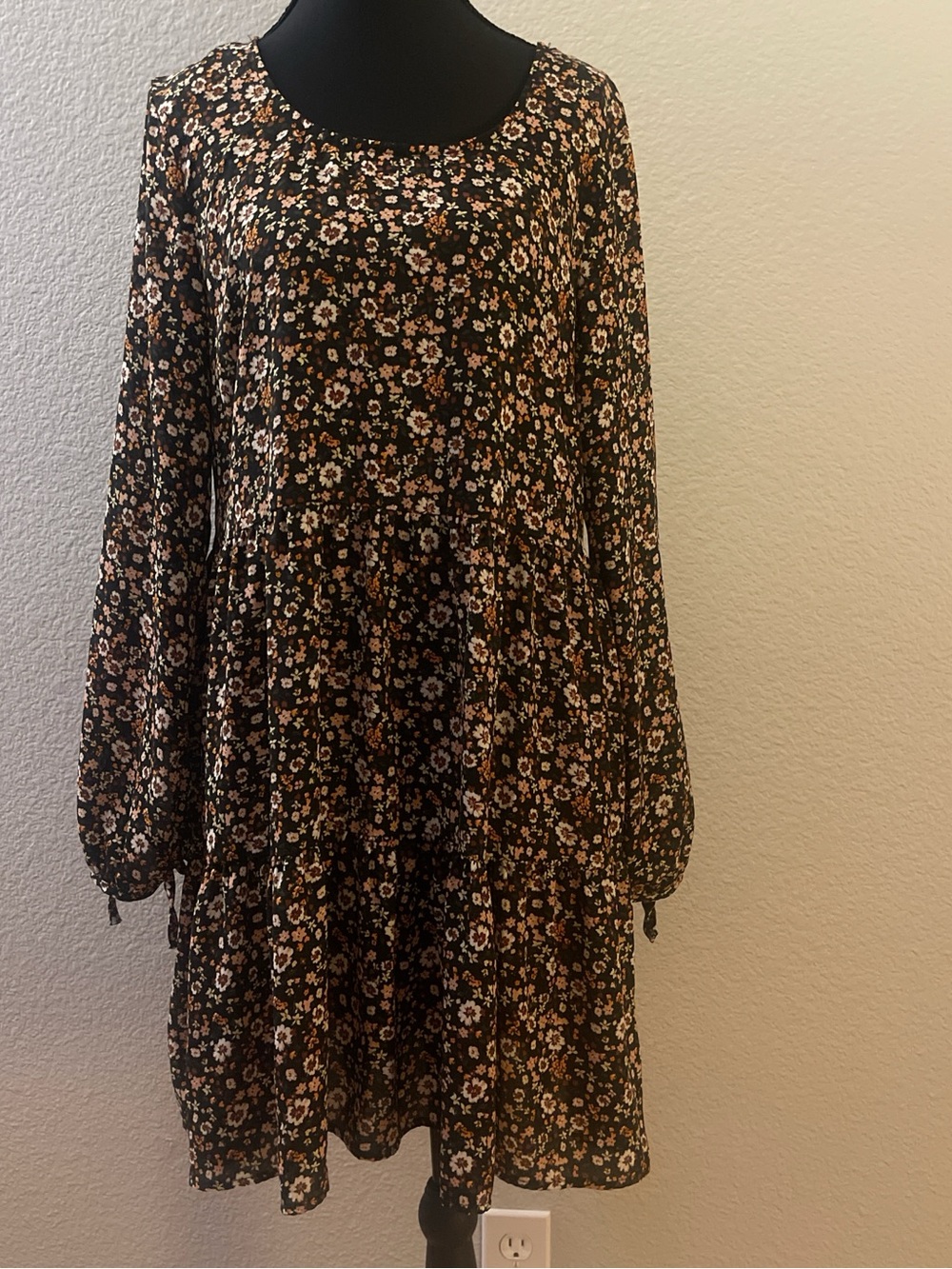 wild fable Black Floral Long-Sleeve Tiered Dress